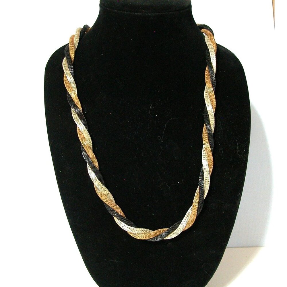 Gold, Black & Silver Mesh Twisted Braided Necklace 30 Inches
